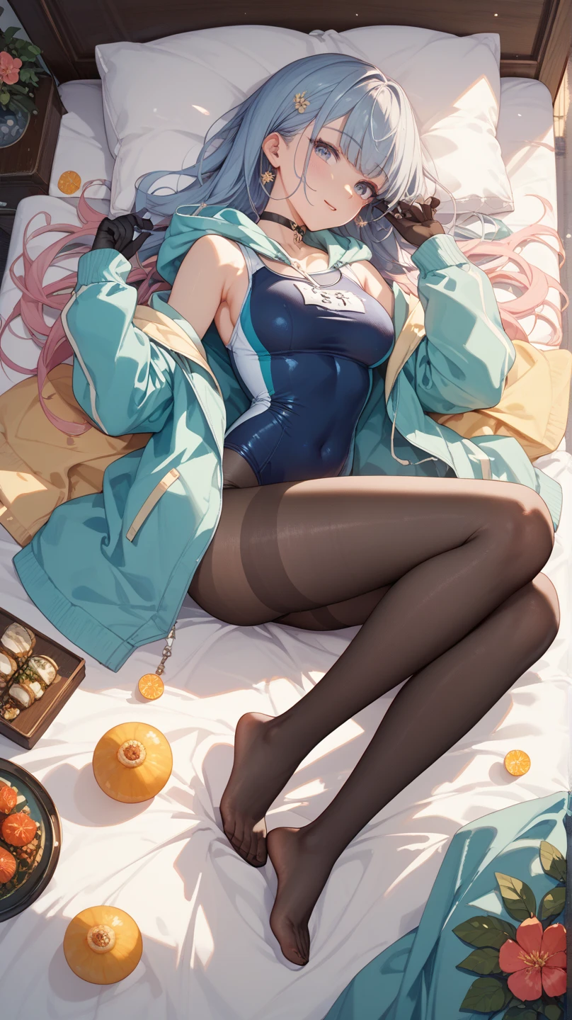 MC, ahoge, (long hari, purple hair:1.3), hair ornament, dark-blue eyes, anatomically correct, heavy breathing, mature female, anatomically correct, best quality, masterpiece, high quality, high details, highres, HD, 1girl, solo, long hair, breasts, large breasts, gloves, navel, jewelry, underwear, panties, full body, boots, lying, shorts, midriff, crop top, dakimakura \(medium\), unzipped, open fly, green shorts, hollow eyes, bright pupils, dark-blue eyes, looking at viewer. glowing eyes heavy breathing, embarrassed, clenched teeth, lips, bokeh