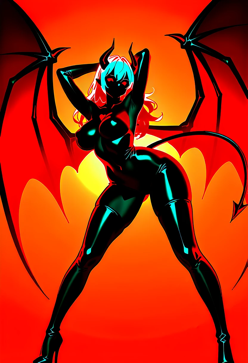 Red skin succubus tiefling, medium breasts, black horns, wings, huge tail, black leather, tall, toned, graceful, thin, long black ponytail. Action scene, shotgun.