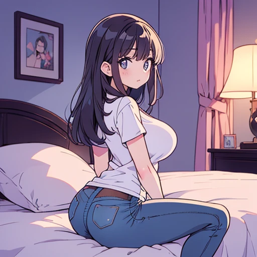 1 woman,bed,room,sweat,sexy,full body,milf,30years old night,bimbo,sexy mood,(curvy),sexy lips,(sedusive smile),((heavy breathing)),t-shirt,under wear,sports bra,