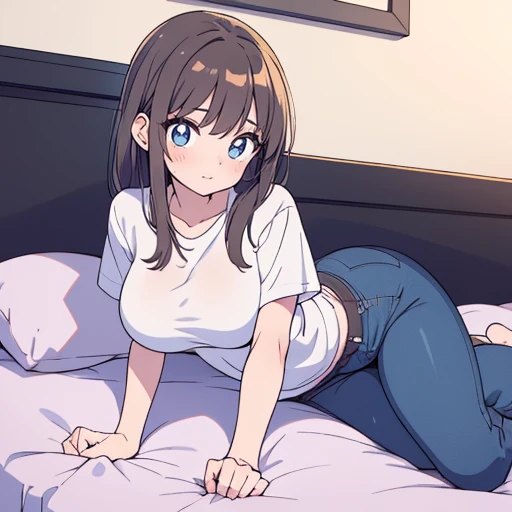 ((masterpiece)), ((best quality)), (ultra-detailed), anime style, on the bed, a cute girl, 1girl, solo, smile, underwear00