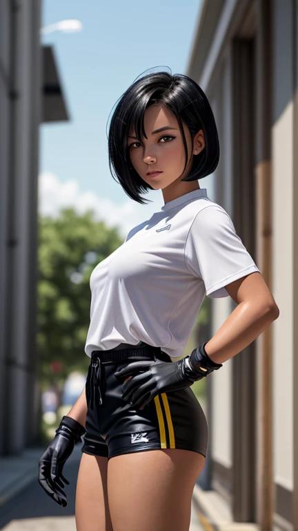 my hero academia style,Women, short shoulder length hair, dark brown hair, dark brown eyes, clear skin, UA uniform, flirtatious pose,buildings background