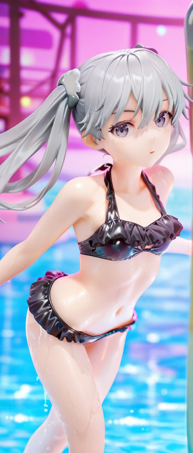 anime girl in a bikini posing in a dark room, pink twintail hair and cyan eyes, render of a cute 3d anime girl, , silver eyes full body, ahegao face, ahegao, from the azur lane videogame, azur lane style, perfectly shaded body, 3d anime girl,