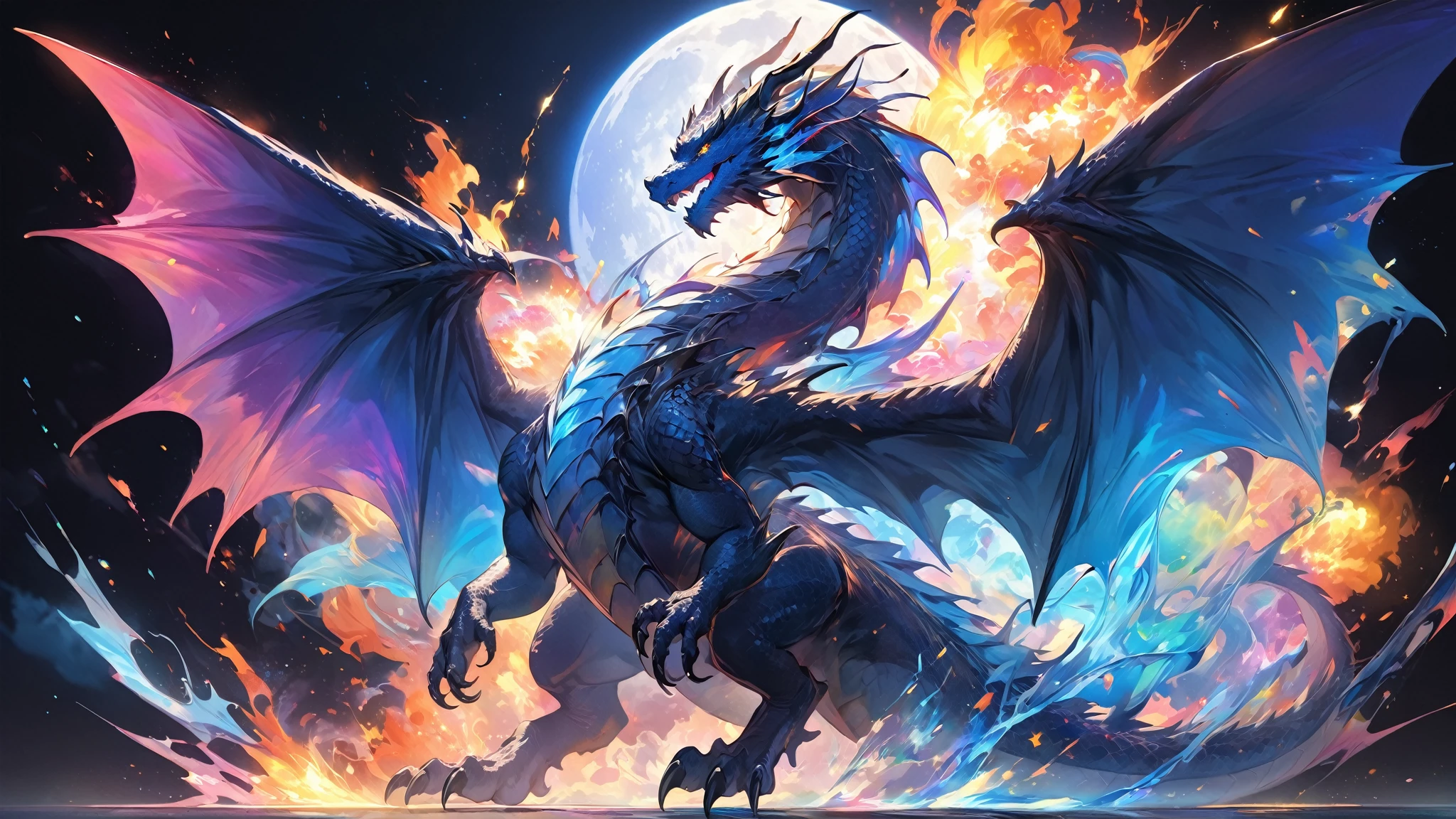 (The main subject: Wide-angle lens), The flame is light blue,[multicolor,(1 Chinese dragon)], Lightning,dramatic clouds,(Deep depth of field), rich details​, (Wide sky), (sense of vastness),Energy and vitality, Intricate details.(Best quality, A high resolution, Masterpiece:1.2), (Realistic:1.37), hdr。