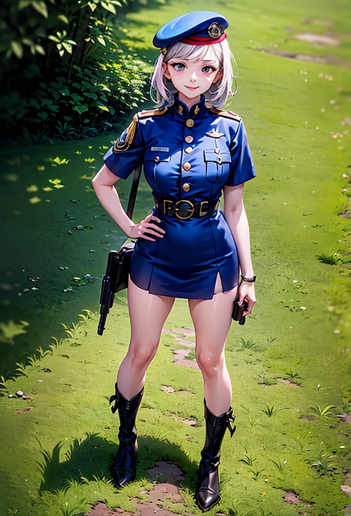 woman with white hair, blue eyes, pin up style. dressed in war, in which parts of her body can be seen