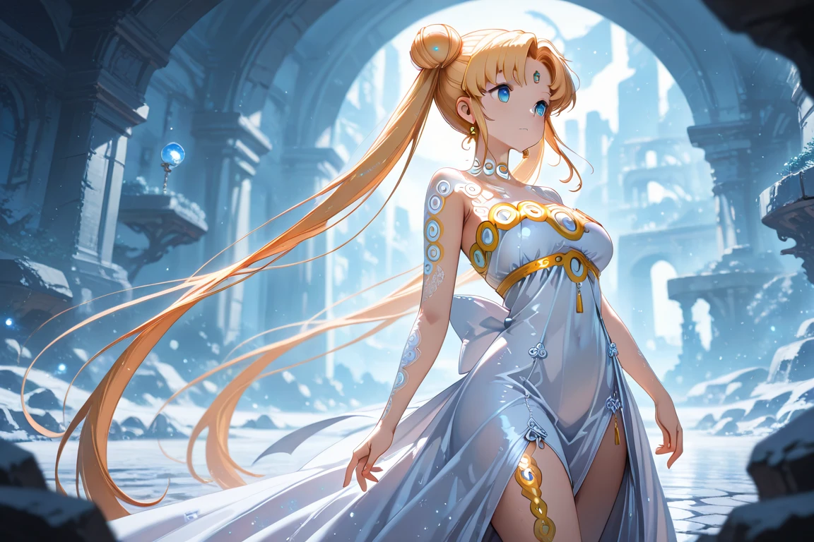 masterpiece, best quality, <lora:smoon-2:1>,1girl, tsukino usagi, long hair, solo, crescent facial mark, crescent, dress, white dress, breasts, blonde hair, crystal, kneeling, twintails, very long hair, thighhighs, facial mark, see-through, blue eyes, cleavage, double bun, hair bun, garter straps, strapless, jewelry, earrings, forehead mark, strapless dress, back bow, white thighhighs, bare shoulders, parted lips, medium breasts, lace