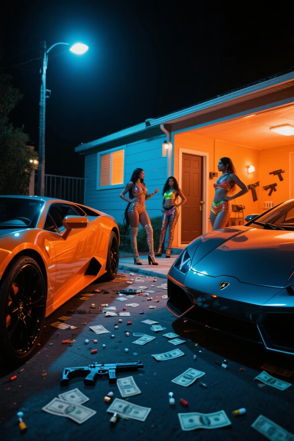 imagine an ultra realistic HD cinematic cartoon, cartoon style. From several women with short shorts, big butts and cleavage dancing to black men holding a lot of money in their hands, a lot of money, with luxury cars in the background, having speakers playing