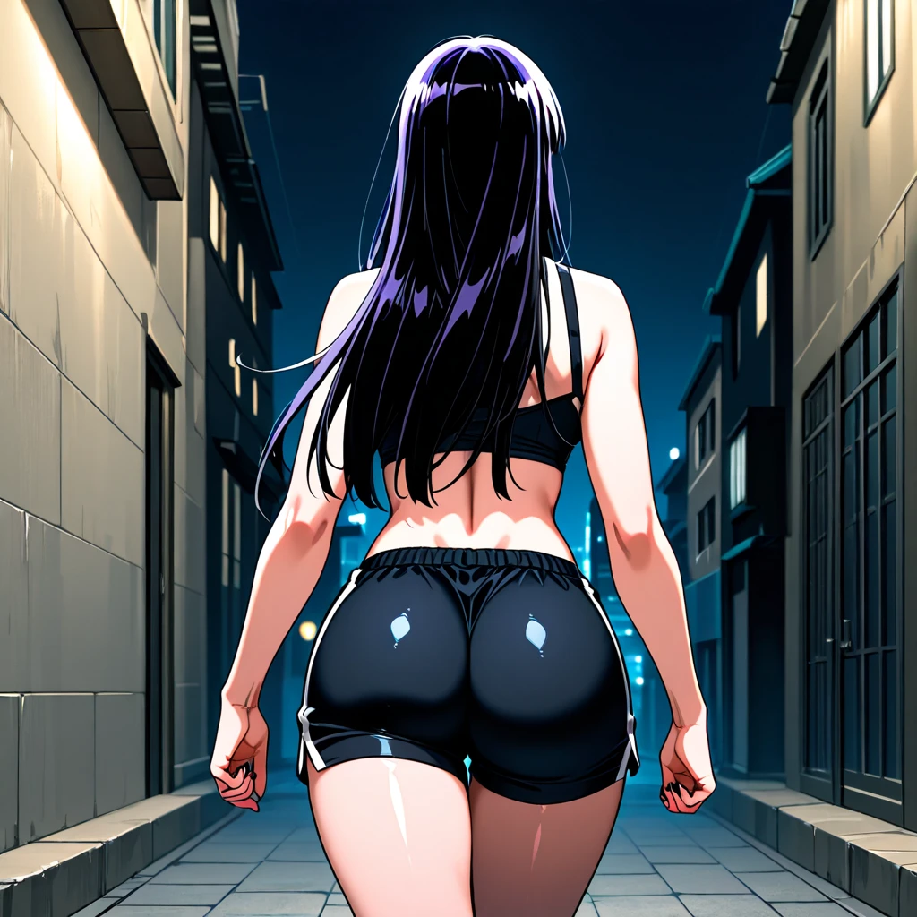 ((work of art:1.2)), best qualityer, nagphioro hayase, Face pretty, big fit ass_breastsout, black tee, red running shorts, cowboy shot, gazing_phi_viewer, drlight smile, closed up_gura, city street background, anime cloth capture, ((NSFW))