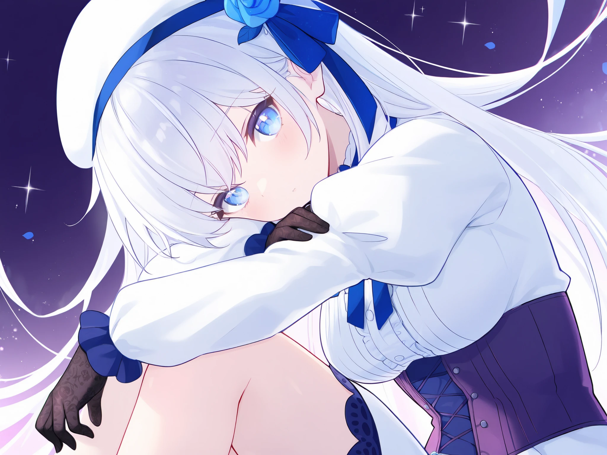 masterpiece, best quality, ultra detailed, 1girl, solo, white hair, very long hair, blue eyes, white beret, blue rose hair accessory, white blouse with puffy sleeves, dark purple corset with blue lacing, blue ribbon tie at collar, white skirt, black lace gloves, medium breasts, soft lighting, ethereal light purple background, sparkle effects, gentle expression, looking at viewer, sitting pose, upper body focus, anime style, illustration