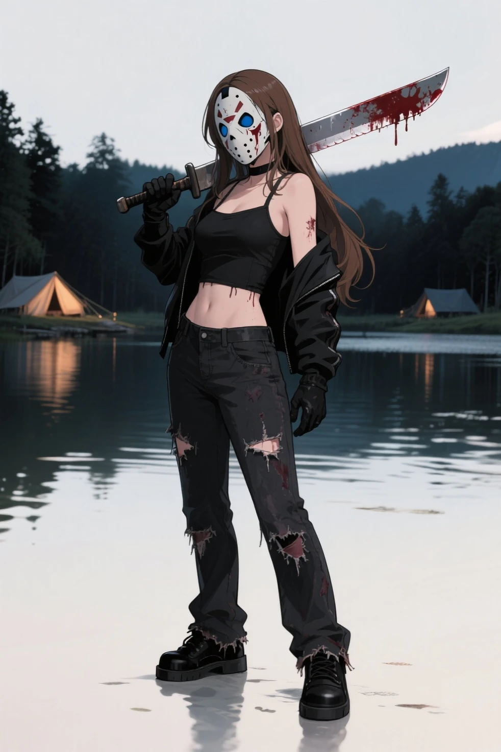 plaid skirt, skull hair ornament, water tower, can, school girl skirt, outdoors, on back, sleeping, black shirt, hoodie, jacket, firing, truck, vehicle focus, medium breasts, glass, gun, black sclera