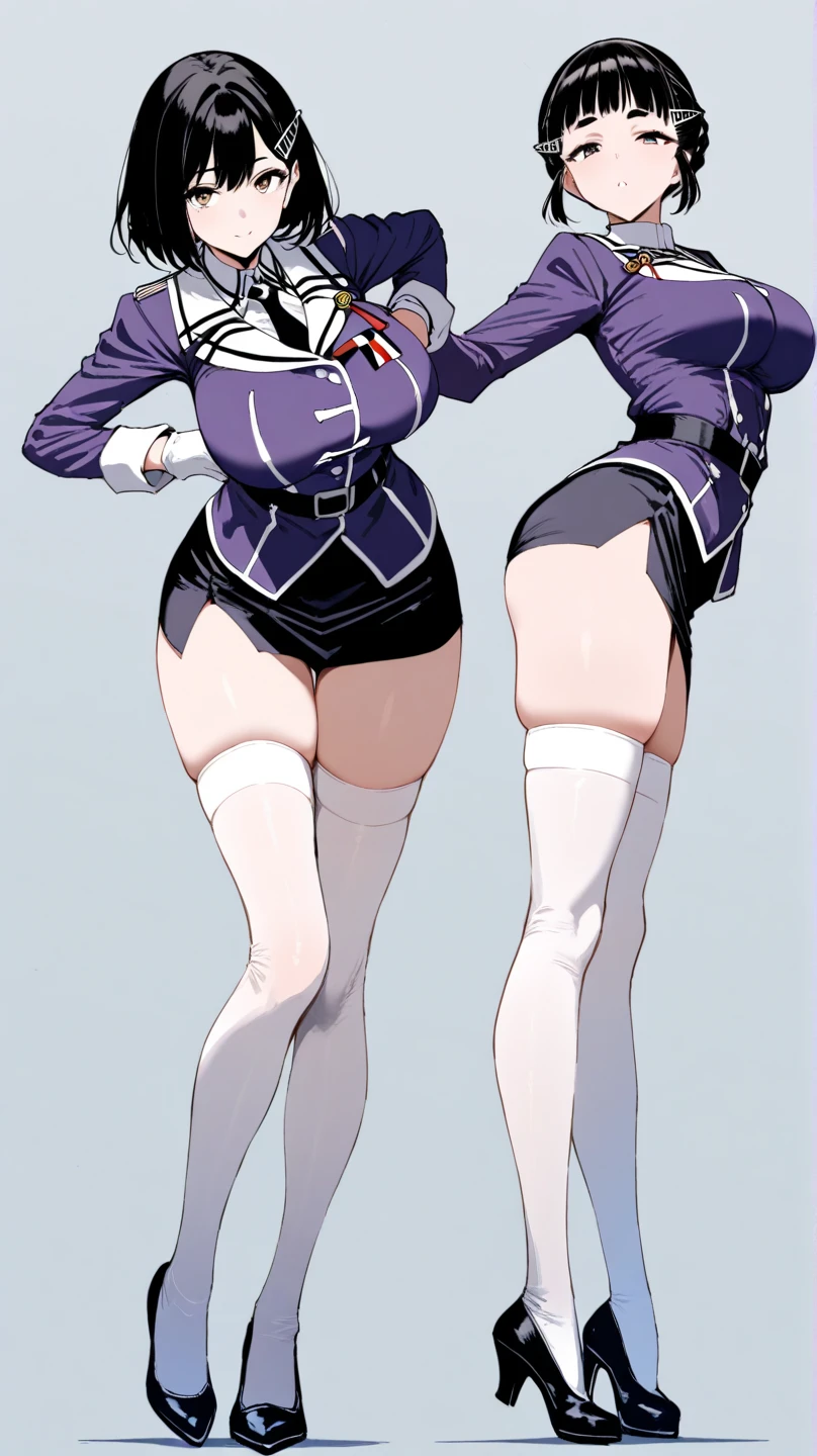 ultra-detailed, Explicit, Beautiful body, Beautiful Nose, Beautiful character design, perfect eyes, perfect face, ultra highres, 4K, beautiful legs, perfect legs, Nice hands, Perfect hand, Masterpiece, Best Quality, Highly detailed, illustration, absurdres, street fighter, doll suit, shadaloo doll, dollsuit, expressionless, blank eyes, looking at viewer, red gloves, emotionless, black latex, corrution, mind control, female combatant, full body, hypnotized, unhappy trance, full body suit, ribbed bodysuit, both arms at side, obey, perfect female body, extremely glossy latex, hypnosis, hypnoLora, empty eyes, Mind control device, poses, submissive_pose, Slave, hat, necktie, stand up straight, standing, standing at attention, hat, necktie, belt, latex, ribbed bodysuit, thighhighs, garter belt, Fighting Stance, extending the right arm from the shoulder into the air with a straightened hand, nazi saluting, military, military saluting, salute, thigh boots, 1girl, Isaki Magari, Insomniacs after school, black hair, ponytail, medium hair, blue eyes