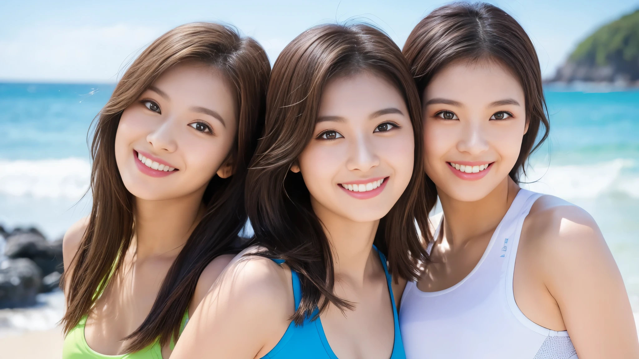 Highest Quality、( Workout Clothes )、on a break day,(short hair),Highest Quality,masterpiece,,very delicate and beautiful when closed,CG, 8k Wallpaper,wonderful,fine-grained,masterpiece,Official Art,Best O'Conner , 8k, Best O'Conner , ( short breasted woman), dark brown skin , hair, ( medium hair ), Nice Smile Looking Me , vivid Luxurious Bikinis , beautiful ocean , 輝く bright海, beautiful Hakata beach , Beautiful Sound of Waves , Beautiful Clear Sky , ( 超 bright 、 vivid な : 1 .1), ( Shiny skin near the mouth and vagina : 1. 1), ( portable , bright and beautiful skin: 1. 1), ( portable Beautiful Teeth, portable hair, portable Glowing Eyes, natural cosmetic , improved body line , ( Beautiful Skin That Glows So brightly: 1. 1), Plump Healthy Body, ( workout perfect anatomy at the gym : 1. bright, vivid : 1 .2), sexy pose showing the whole body , photorealistic front face , 美しい瞳を持つHighest Quality