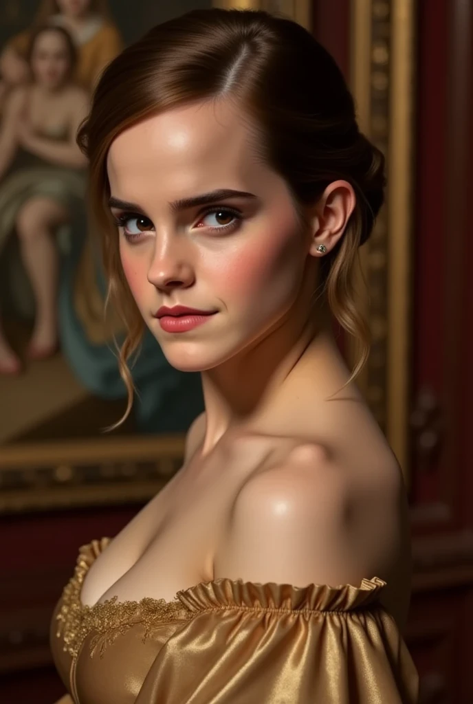Emma Watson, prostituées sexy, Portrait du personnage, 4 9 9 0 s, cheveux longs bouclés, souriante, aguicheuse, Pas de sous-vêtements, dénudée, topless, pose scandaleuse, lascive, nue, nudité intégrale. Emma regarde la caméra. complexe, élégant, très détaillé, peinture numérique, ArtStation, Art conceptuel, lisse, mise au point nette, illustration, Illustration par Wlop, Charlie Bowater et Alexandra Fomina