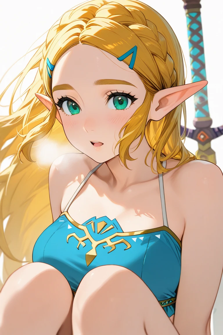 Princess zelda, showing armpits and pussy, half naked, smiling.