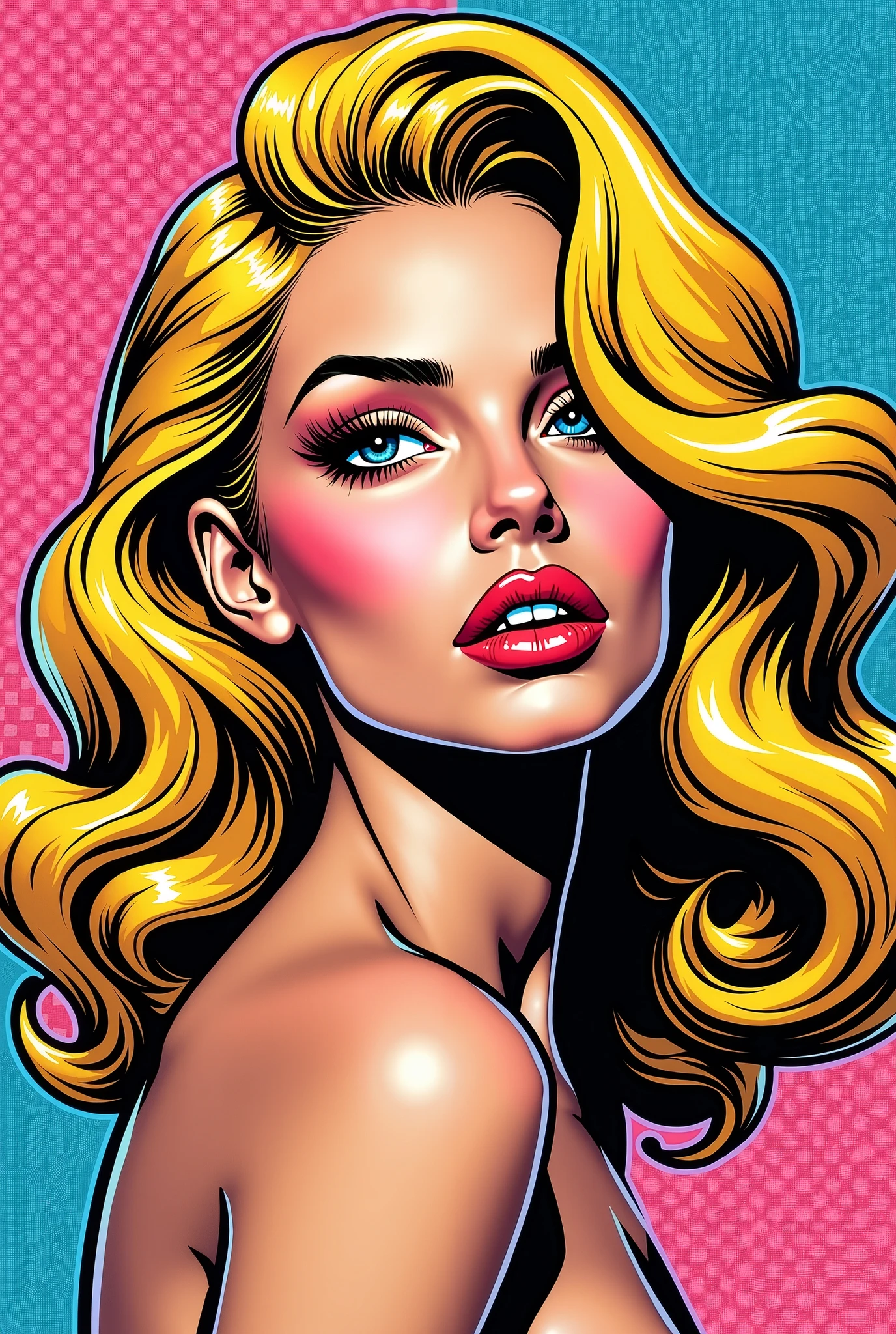 A vibrant pop art painting of a woman reclining on the bed, with a blurred background highlighting her figure. She has voluminous blonde hair, bright blue eyes, and a flirty smile. Wearing colorful, exotic lingerie.