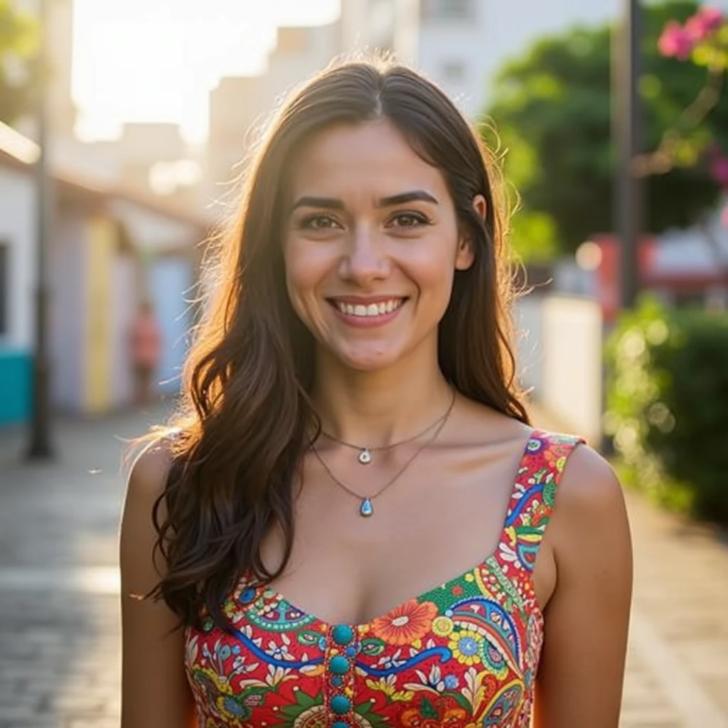 "Capture an 8K, hyper-realistic portrait of a woman around 28. soft smile, happy, full body, long_hair, gorgeous, city girl, cleavage. The shot shows her from the side, posing for a photo, in a dress light blue, showing a hot girl's physique, her piercing brown eyes look straight at the viewer. Avenida Paulista in São Paulo Brazil, blurred background, depth of field, cinematic lighting, showing back The image should focus on the intricate details of. her facial features, rendered in the hyperrealistic style. Drawing inspiration from Greg Rutkowski's photography, maintain a high level of realism while highlighting the woman's natural appearance.”