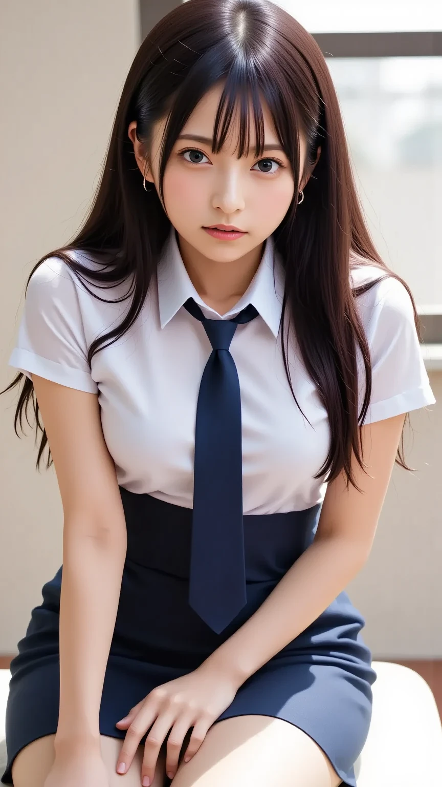 Korean 、summer uniform shirt、Tight fitting shirts、Ribbon Ties、skirt by the、schools、stairs at school、chest lifting pose、The focus is on the chest、Thin and big、8K Raw photograph、A high resolution、18-year-old Korean、It looks embarrassing、Very large round breasts、beautidful eyeeticulous details、long eyelasher、beautiful double eyelid、eye shadows、eyeline、eyes elongated、elongate eye shape、Sanpaku eyes、Beautiful and thin legs、Beautiful and slender thighs、Random Shorthair、tie your hair back、ear nipple ring、Light brown hair、(Wear pantyhose)、hold your knees,wears glasses ((nude:1.2)) crouching sitting legs spread sweat wet hairy pussy peeing water from pussy. Close up.panty shot ((no panty)) super hot japanese pornstar model having sex