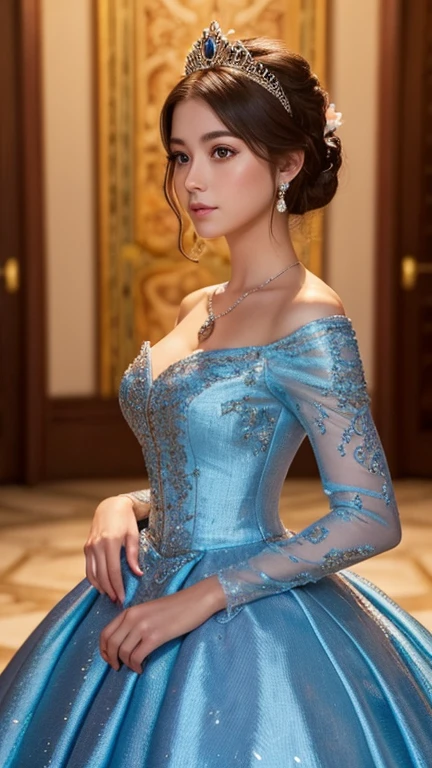 A beautiful lady in a sexy blue dress, with intricate details and an open design that exudes elegance and sophistication. The dress is inspired by the stunning photo of Elena Guro and incorporates elements of arabesque and floral patterns.