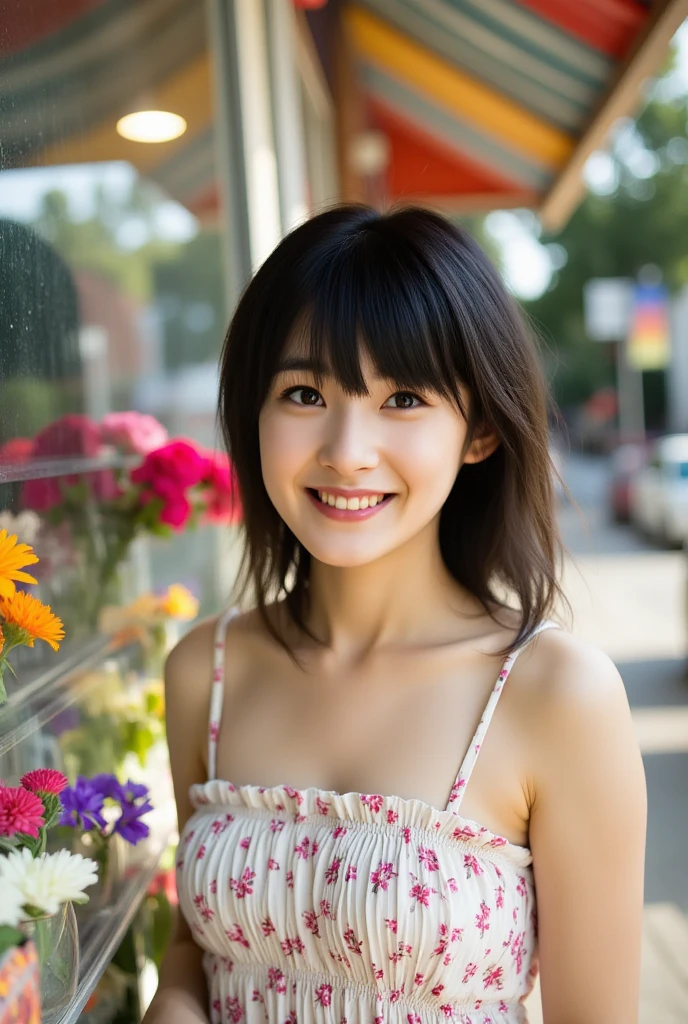 masterpiece, Best Quality, Raw photo, 8K, ultra-detailed face, 1girl, Beautiful detailed skin, backlight, soft light, bashful, (shoot from front:1.2), smile, Luminescent, Anatomically correct, Medium hair swaying in the wind, bangs, Eyes and faces with detailed, Textured skin, Professional Photography, Bokeh, Portrait, Professional Lighting, Solo, Cute, Girly, Film grain, silk dress shirt, flower garden