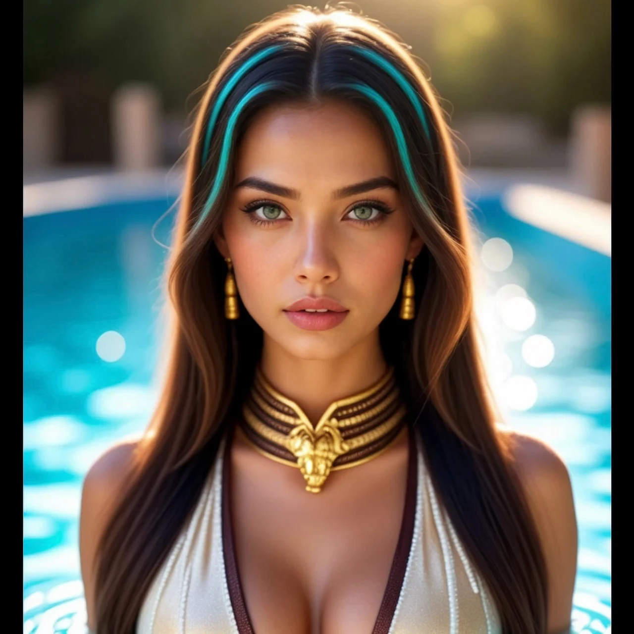 Masterpiece, a beautiful dark brown haired Zendaya, an Amazon woman, Sexy lying on her back on the ground, dressed with a small short loincloth, brown skin and very small breasts, Her face looks blood hot and radiates desire for sex, excited and wet, with a hot look. Her open smile expresses seductive and hot desire. Wet drops of sweat slide down her skin. She winks seductively with her right eye (perfect body), dark brown matted hair), (long curly hairstyle), outdoors, (skin texture:1. 1), best quality, ultra-high resolution, Raw photo, Nikon D850, backlight, flood light, bright sunlight, film grain:1.2, (warm hue, warm tone:1.2), (color photo), fantasy futuristic Egyptian city in background.