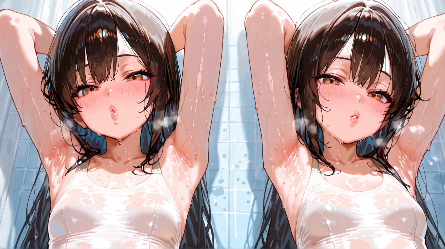 ( black-haired beautiful girl)Naked Bukkun,BodHair washing,Facial cleansing,Flushing,climax,Uplifting face&es wearing silver-white mirrored lens sunglasses、I looked at the world reflected in the lenses of my sunglasses..(Side Pony,Colorful Hair),