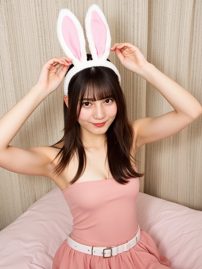 Full body photo of a pretty young 1girl, laughing, big cheeks, very long hair,  black hair, side-swept bangs, side fring hair, pink bunny ears, cute outfit, lace details, floral accessories, Full body , best quality, realistic, 8k,