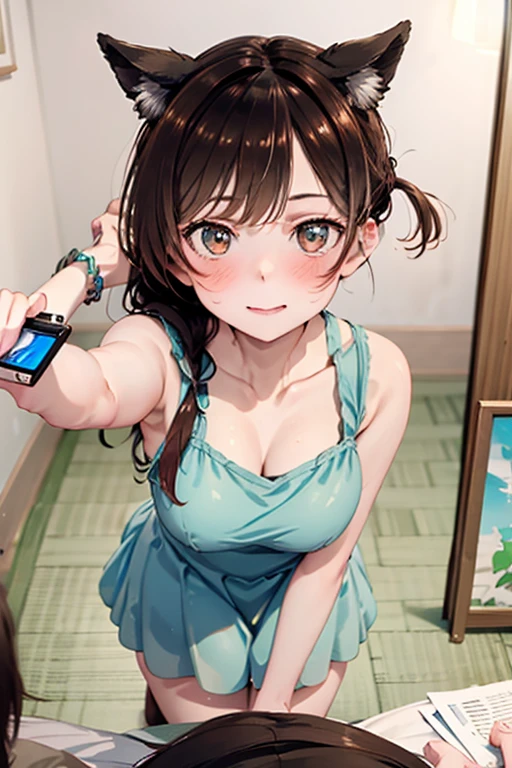 2d, masterpiece, best quality, highres, very detailed, highly detailed face, detailed background, sharp details, high contrast, ((bedroom:1.1)), 1girl, solo, perfect lighting, <lora:nakano_miku_v10:1> nm1, headphones around neck, school uniform, long sleeves, ((green skirt)), ((pantyhose)), hand on hip, open jacket, button up shirt, ((unbuttoned shirt:1.1)), tease, shy, blushing, facing viewer, (full body), (brown hair), <lora:MirrorSelfieLora:0.5> mirror selfie, holding phone, open clothes, ((center opening:1.2)), cleavage, <lora:more_details:0.3>