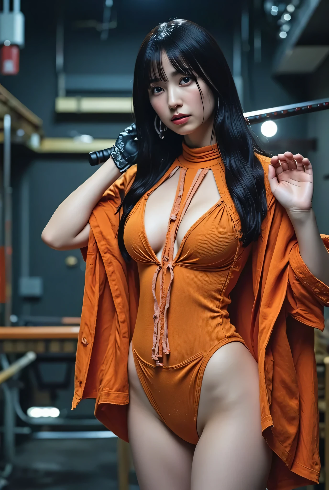 ((((inside the dark spaceship Nostromo:2.0)))),(((HR Gigger-style cyberpunk atmosphere:2.0))),(((Holding a cyberpunk-style orange Japanese sword:2.0))),((full body:2.0)),One woman,(cute face),(Beautiful well-balanced face ),((long hair with bangs:2.0)),(Wavy Black Hair:1.5),(beautiful eyes on my stomach:1.3),glamorous shot of a 20-year-old Japanese woman,Beautiful slender body,((model body type:2.0)),((slim body:1.7)),perfect body line,IDEAL PROPORTION,((big breasts:2.0)),((スリーサイズ90-58-86:3.0)),((F cup breasts:1.5)),Big Breasts,Bare thighs,Sensual Thighs,delicate body,(muscular:1.7),harmonious posture,((Realistic breast depiction :1.7)),carefully depicts limbs based on perfect anatomy,((near-future samurai style orange super high-leg leotard:2.0)),((super high-leg leotard made of corduroy that fits the body:2.0)),((military jacket style kimono with the front open over a leotard:2.0)),((Tactical Holster:2.0)),(gloves:1.7),((((Coarse mesh fishnet stockings:2.0)))),Concept Art,(Highest Quality:1.5),(masterpiece:1.5),(超高resolution),resolution,UHD,(delicate depiction),carefully drawn,32k,((REAL SKIN TEXTURE:1.5)),(((super realistic:1.5))),carefully draw eyelashes,Highly Detailed Faces,Highly detailed female hand, Sexy appearance ,Extremely Sensual,(Blurry Dim Backgrounds :1.5),Professional Photography,(movie lights:2.0),((Blade Runner style lighting:2.0))