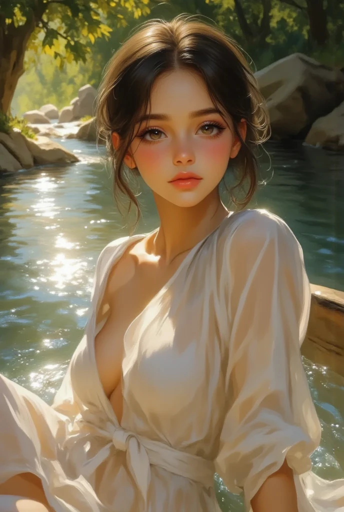 realistic, 1girl, ponytail, parted lips, blush, makeup, light smile, white hair, sportswear, white saree, wet clothes, glow, thighs, yellow eye, bare shoulders, collarbone, narrow waist, sunbeam, sunlight, rose, wind, cleavage, (masterpiece), sweat, (pink nipples), (medium breasts), (sexy pose)
