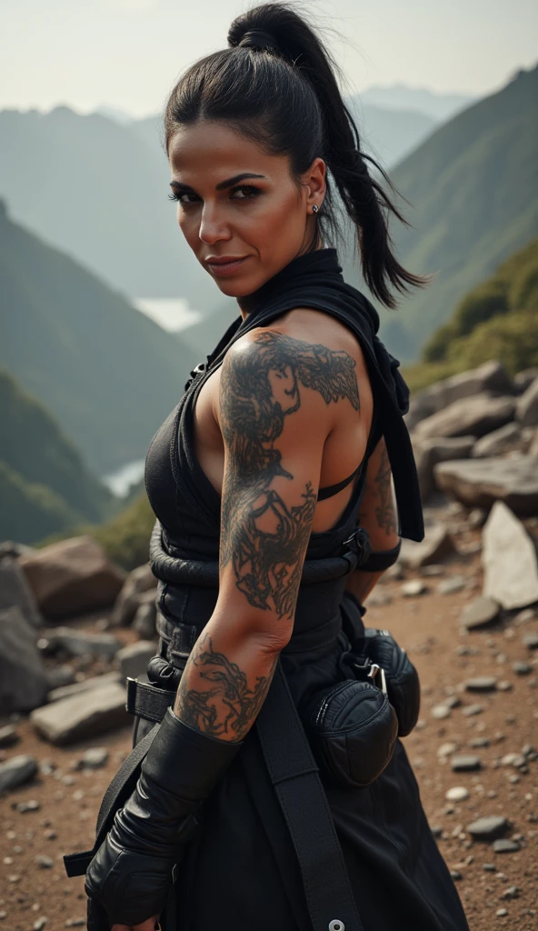 (masterpiece, best quality), outdoors, ocean, summer, palm tree, cowboy shot, 1girl, solo, karlach, colored skin, demon girl, demon tail, yellow eyes, slit pupils, freckles, tattoo, scars, medium breasts, <lora:Karlach_V2-Manityro-AdamW:1>, muscular female, abs, looking at viewer, smirk, crop top, black pants