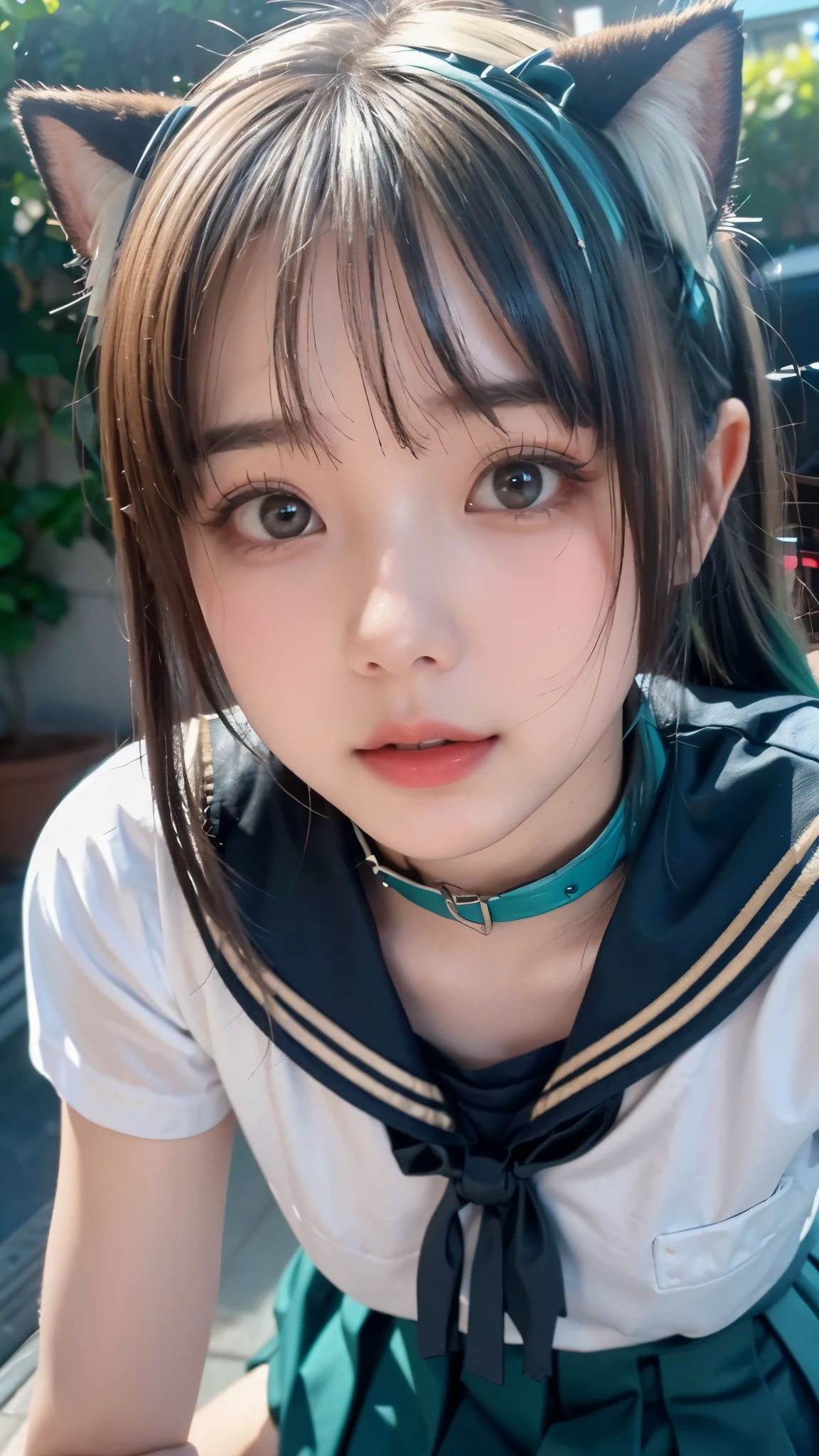 outdoor pool 、 Japanese sailor girl 、 expression staring closely at viewers 、squint、((( outdoor pool )))、in their 40s ((((Close-up face、 face up ))))、in their 40s (( round face、 beautiful skin、 DARK GREEN EYES 、 light blue hair, messy twin tail hair 、Center-parted bangs 、Cat ears、 、 slender gravure idol driving a big motorcycle))、((( )))、(((sailor collar、 Pleated Skirt )))、( Perfect Anatomy)、 oily skin、((( exists、 portrait)))