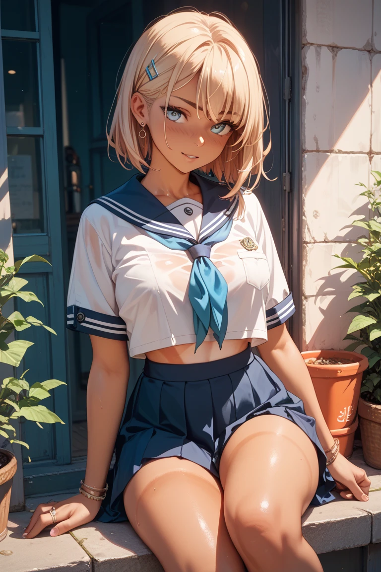(highest quality)), ((masterpiece)), (family friendly), Perfect Face,Shiny skin,Beautiful breasts,red eyes,Shiny skin、Sunburned skin、Sweat、Off the shoulder、Double teeth、(((akaihaato)))、Big Breasts,(((Milking)))、(((Prone、{school uniform,Short sleeve shirt,BREAK,(Checked skirt:1.2)))、(((See-through)))、(((sweat)))、(((Wet)))、(((peace sign)))、(((Blonde)))