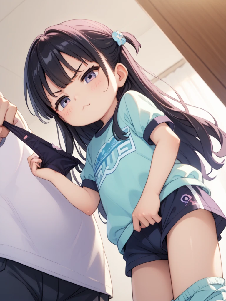 nsfw,Viewer Caution,1boy,suzune horikita, (Red eyes:1.3),locker room,Show the whole body,Kneel,kneeling,White T-shirt,Medium chest,Beautiful legs,Hair Ribbon,((see through)),bra,Shorts