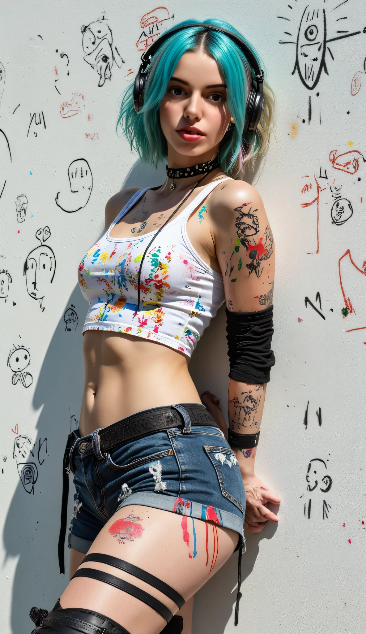 masterpiece, top-quality, 1girl in, solo, croptop, Denim shorts, a choker, (doodle:1.5), Paint Splatter, arms behind back, Hitting a wall, Look at viewers, Armbands, Thigh strap, Paint on the body, tilt of the head, tedium, O cabelo multicolorido, Aqua Eye, headset on head,