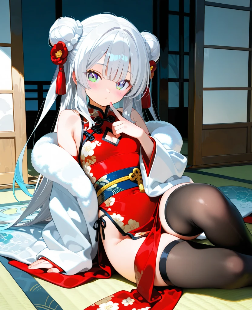 An attractive young woman with short braids,(Beautiful:1.7), Wearing a transparent white loose short style (perspective:1.7) cheongsam, None,(no underwear:1.7),Various seductive poses on the round bed, With a silly smile on his face. She was not wearing any underwear, completely exposing her body. The scene is set in a luxurious bedroom, Comes with silk sheets, Velvet curtains, and a large crystal chandelier. Emotions are emotional and provocative, and playful, There's a hint of mischief in the woman's expression. Warm, The soft light of the chandelier casts a golden glow into the room, Create a dreamy and intimate atmosphere