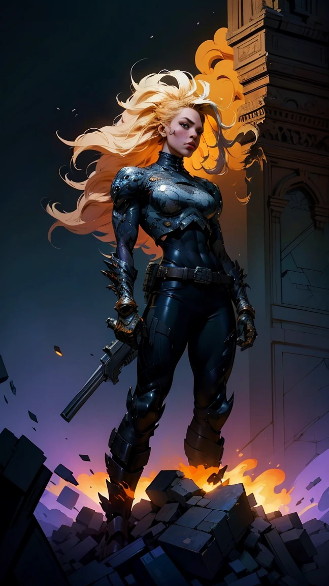 dark and torn, ung man, beautiful muscular body, fierce expression, holding a gun, (colors on his clothes, warm, orange, yellow, violet: 1.3), standing on a desolate terrain, dramatic lighting, intense shadows, sandy texture , high contrast, vibrant colors, dynamic pose, powerful stance, rough background, explosive atmosphere, dystopian theme, surreal elements, digitally painted illustration, HD resolution, intricate details, dramatic composition, avant-garde and chaotic brush strokes, gothic style, intense emotions, Scale epic, raw and gritty feel, captivating and  artwork.