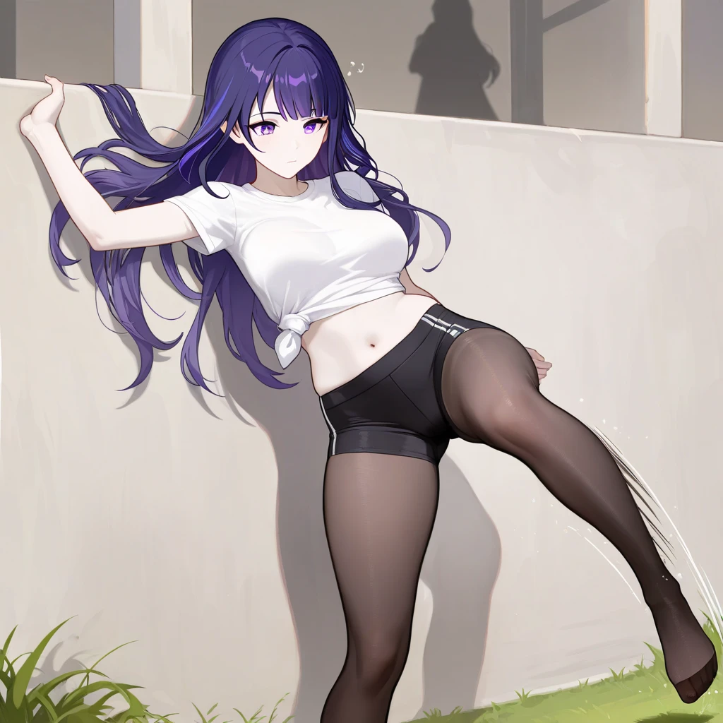 2d, masterpiece, ((lying on bed)), best quality, full body, full pose, anime, highly detailed, cowboy shot, 1girl, solo, yuri, purple hair, purple eyes, long hair, hair between eyes, hairclip, medium breasts, underboob, ((white tshirt)), , ((black pantyhose)), ((sitting on rock)), crossed legs, white panties, cameltoe, thights, slim body, slim legs, bare legs, grin ((smile smug face)), blushing, red face, wet skin, (((blue heels))), park, forest background,((point of view down)) ((point of view from floor))