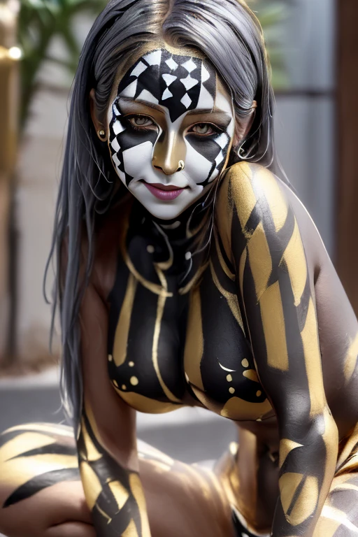 (tribal body painting:1.5), (female model with wide hips and athletic legs), (tribal and cultural designs), (powerful poses), (earthy tones), (studio setting), (high contrast), (detailed patterns), (bold and striking), (highres, high quality)