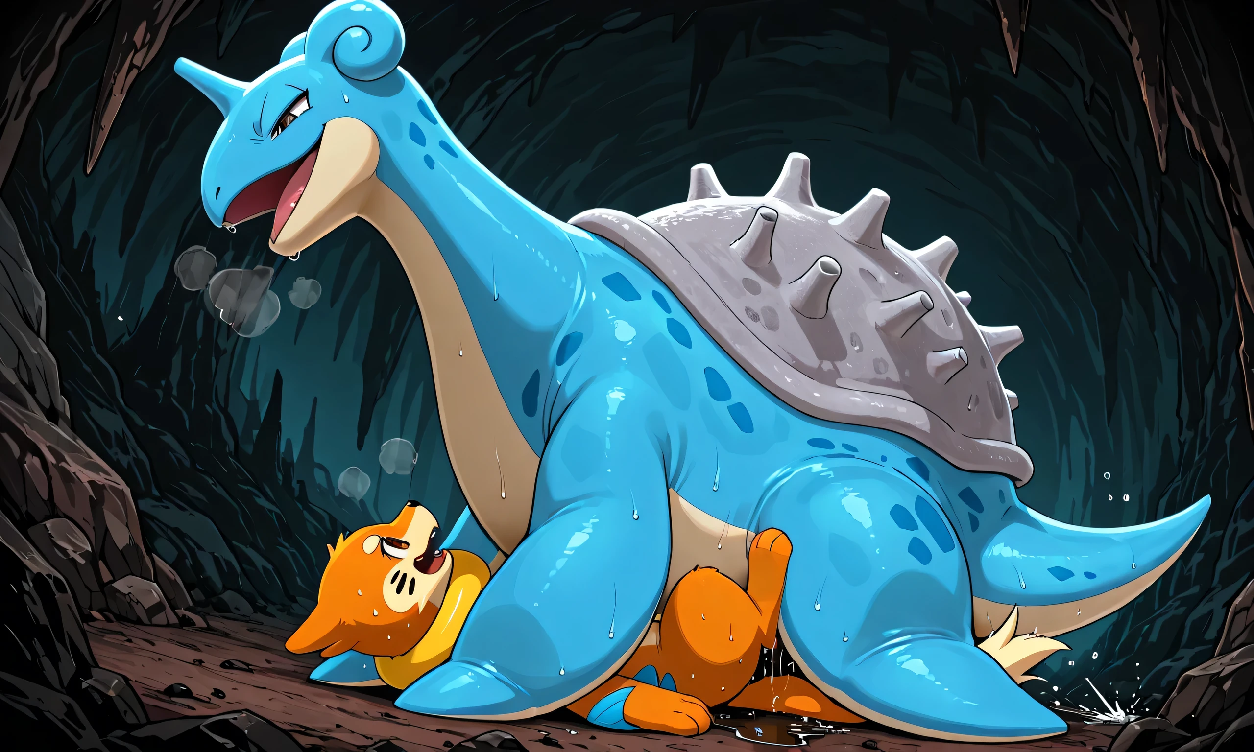 giant feral Lapras, small buizel, facesitting, [Lapras:lying on face, giant bulky fat, big fins, massive strong large body, looking down, no foot, no legs, open eyes, evil grin, open mouth, sweaty, steamy breath], [buizel:lying on back, head under body, very small build, young, close eyes, pain], size difference, sweat puddle, from below, from side, dark sea cave background