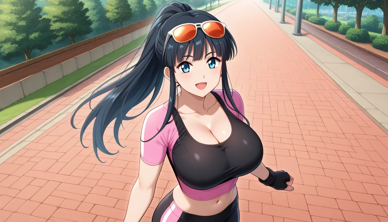 <lora:gymuni3:0.6>, pink gym uniform, outdoors, mountain, smile, lips, large breasts, blue eyes, black hair, bob cut, hairband