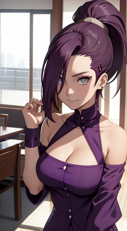 Ino yamanaka， komono， nevando， sitted，Purple clothes，Off-the-shoulder attire，cleavage，ssmile，Be red in the face，inside in room，Close-up close-up，with a good figure
