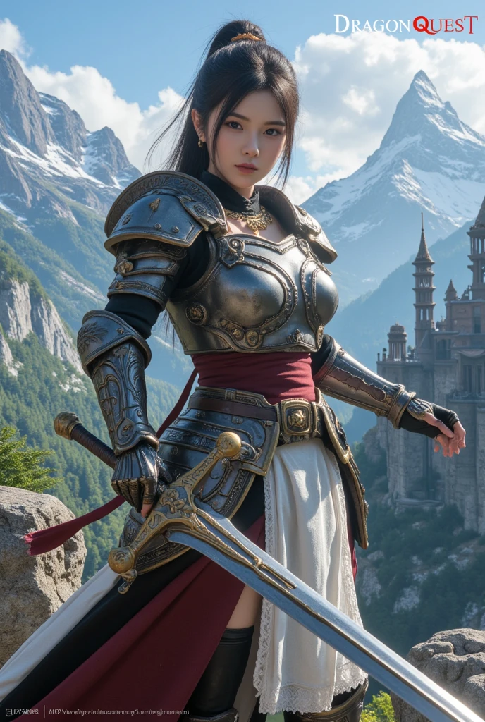 (best quality,4k,8k,highres,masterpiece:1.2),ultra-detailed,(realistic,photorealistic,photo-realistic:1.37), black-haired elf with red-tipped hair, beautiful perfect medium-sized breasts, wearing steel armor, holding a sword in hand, standing on a hill in fury.