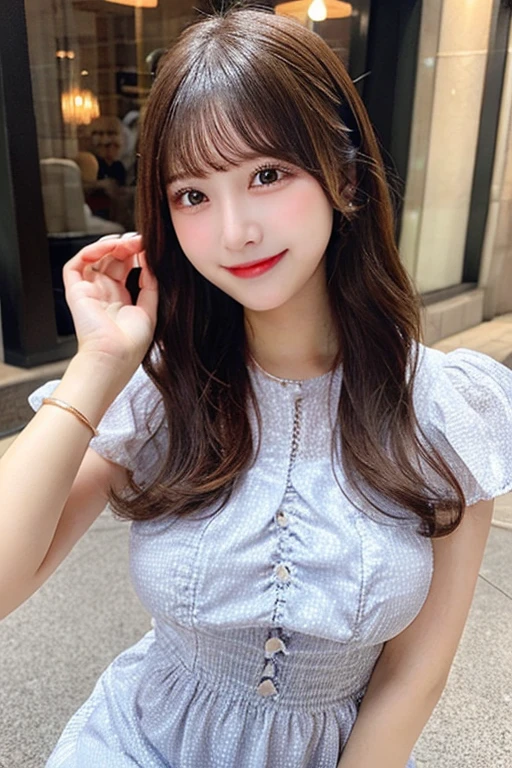 ((Full Body Angle:1.1)),((highest quality, 8K, masterpiece: 1.3)), from above.concentrated: 1.2, Cute girl 1,Nipples erect、 Perfect beauty: 1.4, Ruffle-trimmed button-up puff-sleeve blouse、Denim shorts: 1.2,Long sleeve、Randall Color、comics&Text Graphics、Black ruffle-trimmed drawstring zip blouse,1.1, Highly detailed face and skin textures, Fine grain, double eyelid, whitening skin, ,highest quality,Ultra-high resolution,you,1 girl,alone,_Shiny_skin,Iris,necklace,((Brown_length_Wavy_hair)),(lips)),eyelash,Front hair,deal with,compensate,Shiny,pore,skin texture,Large Breasts、smiling face、garden、Selfie、