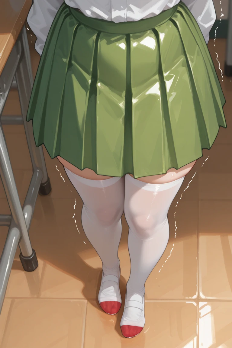 Highest quality, High resolution, masterpiece, (Beautiful Eyes), (Fine grain), Detailed face, kumiko oumae, Brown eyes, Brown Hair, short hair, Wavy Hair, smile, blush, skirt, shirt, Long sleeve, , pleated skirt, neckerchief, brown skirt, White sailor collar, brown shirt, Kitauji High , red neckerchief, indoor, classroom, Chair, machine, View your viewers, Cowboy Shot, (skirtを持ち上げる:1.5), (Panties丸見え:1.5), (Wide pelvis:1.5), (Plump thighs:1.5), (Big Ass), (Striped pattern_green_Panties:1.5)