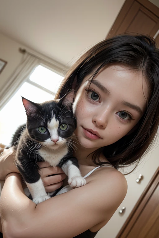 j-pop,hot asian girl,solo,,,kawaii clothes,smile,breast,holding cats, high resolution,masterpiece,detailed background, sweat,sexy pose