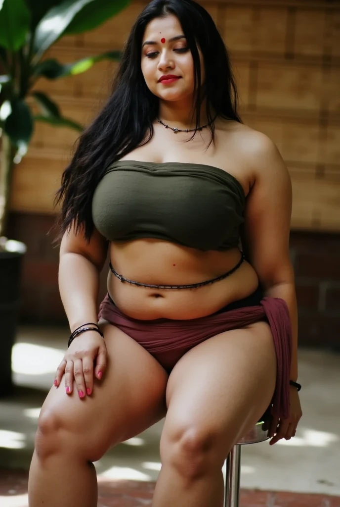 plus size, (thick & chubby) 30 year old woman, thick thighs, cleavage, black tank top, purple panties, thigh-high socks with black and purple stripes, sitting near campfire, drinking hot coco