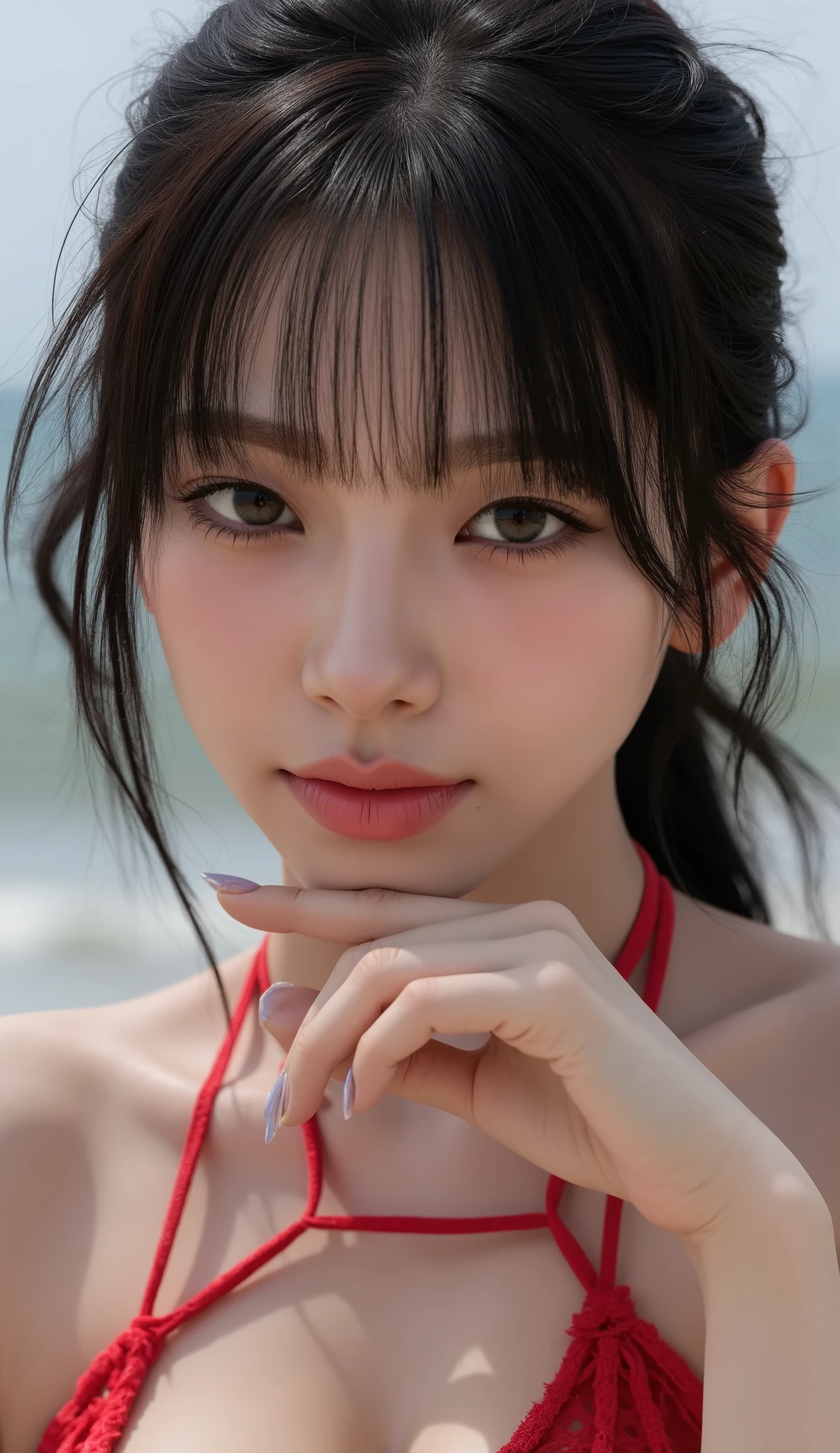 Realistic (photorealistic Realism 16K Quality), (high resolution detailed 8k), (ultra realistic details digital art), (best quality), (realistic texture details: velvety skin, hair), professional photography, (glamour shot of 1woman:1.4, 20-year-old), perfect eyes (intricately details realistic brown_eyes:1.22), ((finaly detailed round pupils)). detailed lips:1.3, (pink_lipstick:1.3), ((perfect dark_eyeshadows)), (Detailed nose:1.2), (Beautiful long legs in good style:1.25), (narrow waist: 1.4), (no bra, no panties:1.3), (firm and full breasts), medium butt, beautiful cheekbones, (slim belly: 1.2), (slim, muscular body: 1.2), (((wear: lace fishnets, mesh stocking:1.4))), {wear red ribbon(ultra narrow:1.35)},, ((wear a One-piece micro-slingshot swimsuit, (made entirely of red ribbon in the form of a micro-strings:1.3))), The attention to detail, satisfaction smile, dry skin. focus of a beautiful young woman, with a {bob haircut and black hair}, on a beach, highly detailed anatomy, ultra-detailed, sharp focus, physically-based rendering, vivid colors, bokeh, dynamic pose, sexy and seductive, exquisite balance of shadows.