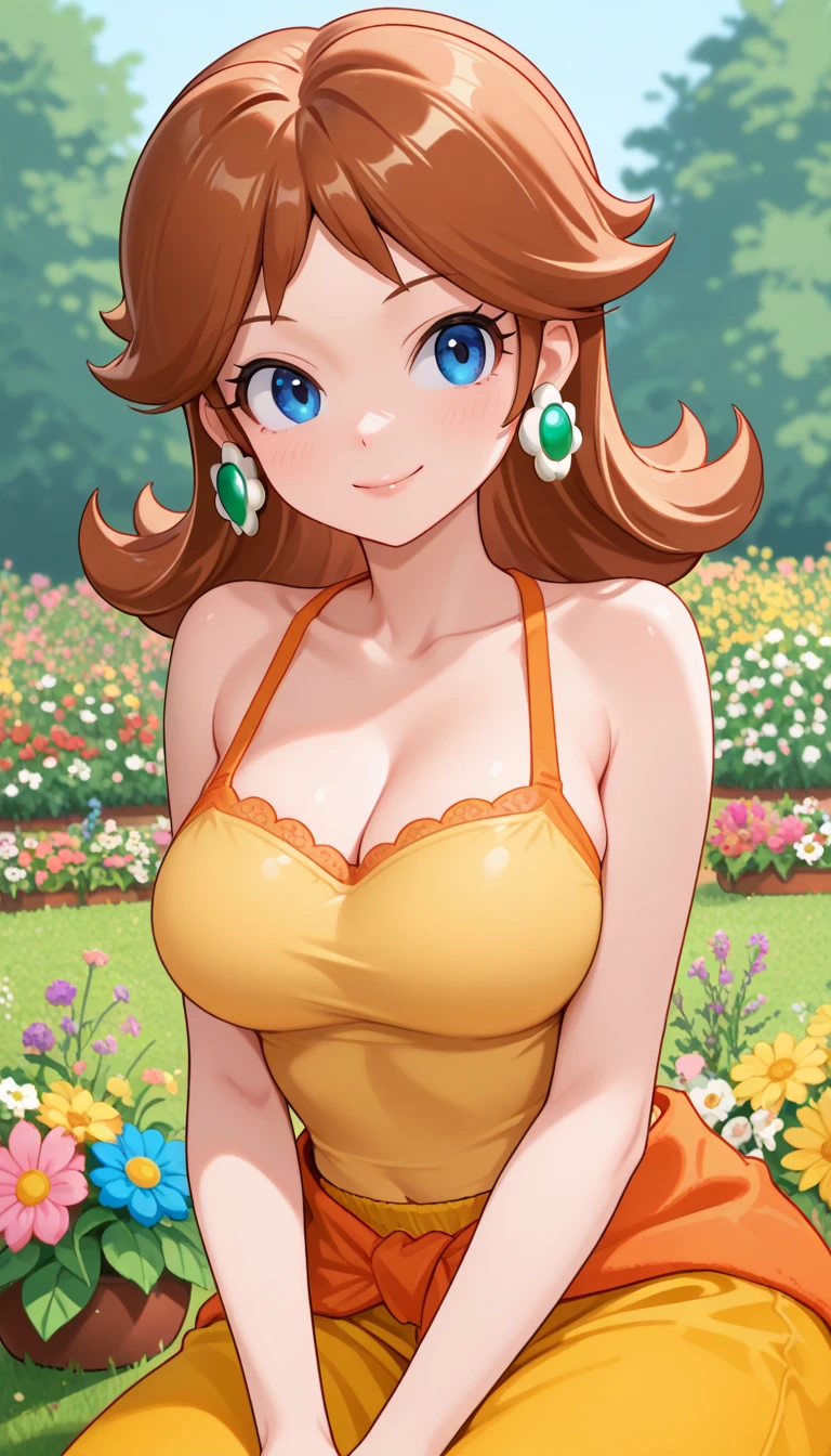 ((masterpiece)), ((best quality)), (detailed), perfect, solo, daisy, gorgeous woman with orange bikini, luscious lips, long hair, huge breast, deep cleavage, huge breasts, sexy,