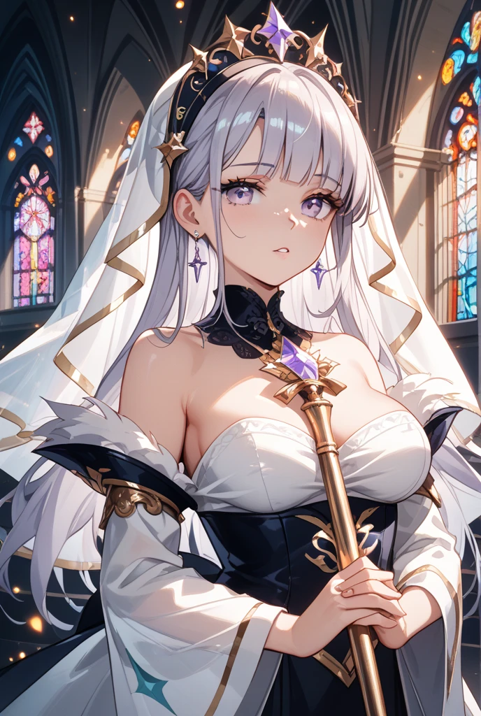 1 girl, game CG, white bride dress, shoulders visible, veil, hair ribbon, gigantic breasts, silver hair, short hair, french braid, yellow eyes, happiness, church,