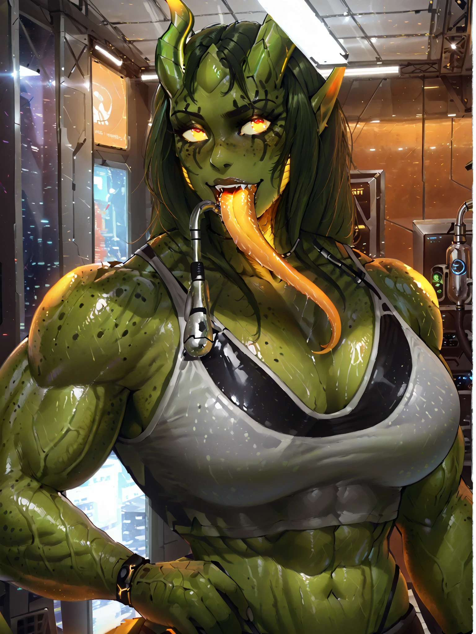 natyss,alien girl,green skin
glowing horns,glowing eyes,glowing ears, glowing cheeks,glowing neck, body freckles, glowing tail,tail, muscle female soft very thick. long tongue,glowing tongue. veins pump up.