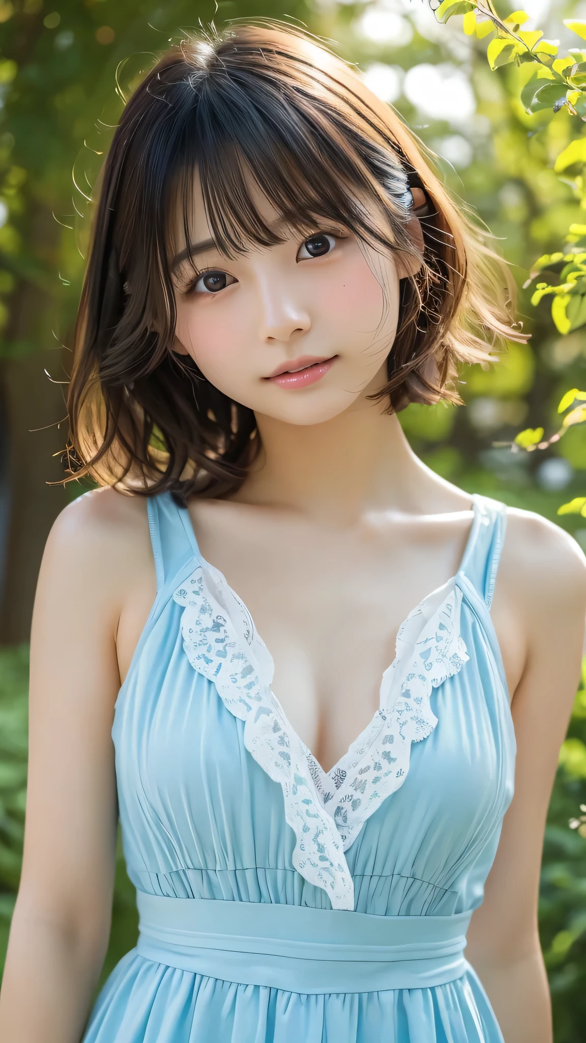 (Posing in the rain:1.5)、(Shopping street on a rainy day:1.5)、(Floral dress:1.5)、(Full-body photo:1.5)、highest quality, Photorealistic, Very detailed, finely, High resolution, 8K Wallpaper, Professional, High level of detail, ((One 18 year old girl:1.2)), Slender Japanese women,Pretty lips, (Beautiful long lashes:1.2)、Detailed clavicle, Perfect Face, (Cute short bob hair:1.5),Top Quality,Ultra-clear resolution,Clear Eyes,Sunburned skin,perfect medium breasts,A pretty necklace around the neck、have perfect legs,A kind smile、